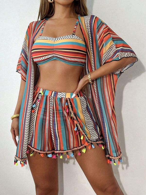 Conjunto Praia 4 Peças com Kimono – Estampa Geométrica Verão 2025 Conjunto Praia 4 Peças com Kimono – Estampa Geométrica Verão 2025 Maritima Moda Praia Tropical P 