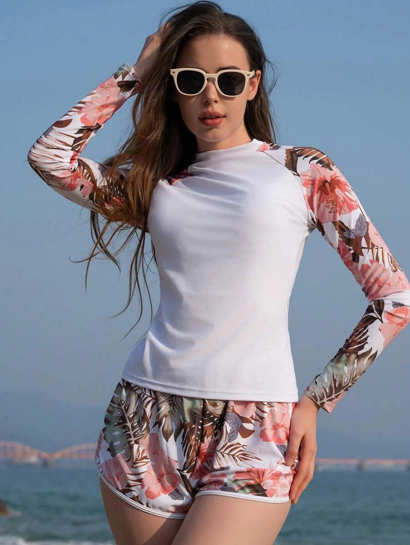 Conjunto UV Feminino Manga Longa com Short Tropical Conjunto UV Feminino Manga Longa com Short Tropical Maritima Moda Praia Branco P 