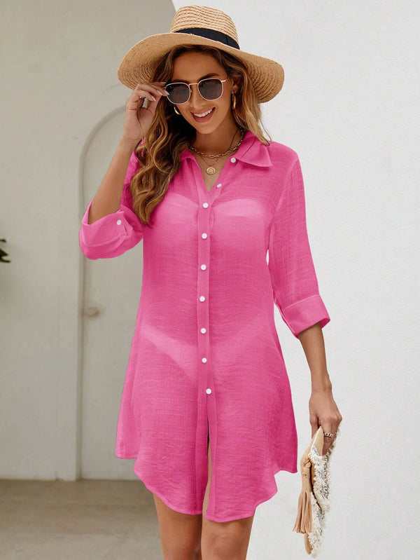 Saída de Praia Camisa Rosa Botões – Tendência 2025 Saída de Praia Camisa Rosa Botões – Tendência 2025 Maritima Moda Praia 