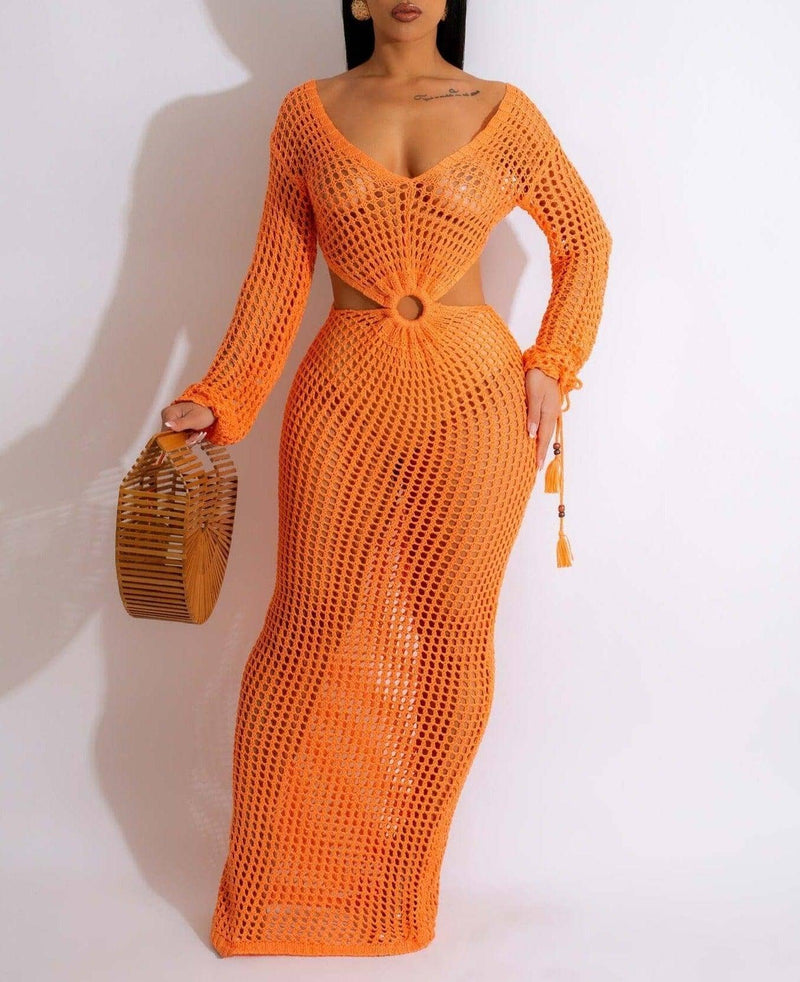 Saída de Praia em Crochê Mylena Maritima Moda Praia Laranja P 