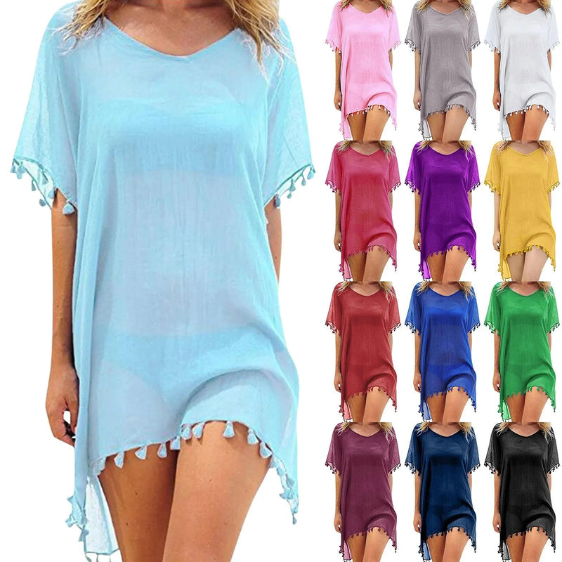 Vestido de Praia Bella em Chiffon com Detalhes de Franjas Maritima Moda Praia 