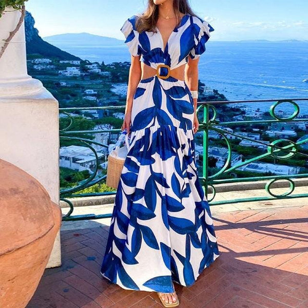 Vestido Geórgia Maritima Moda Praia Azul e Branco P 